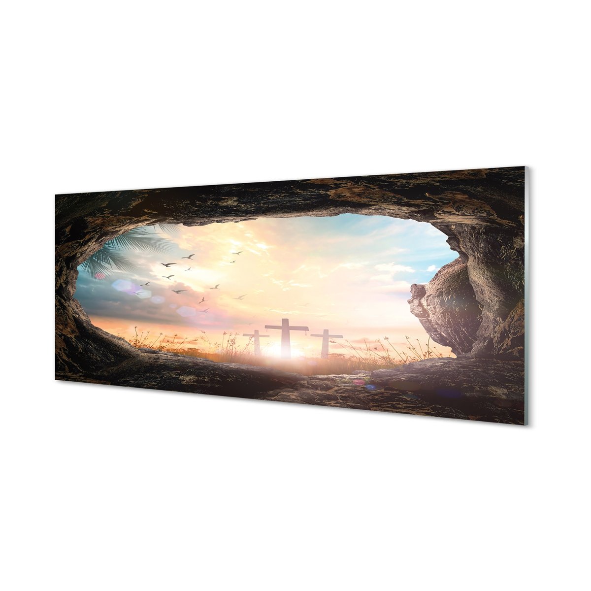 Panel szklany + klej Jaskinia krzyże ptaki 125x50 cm
