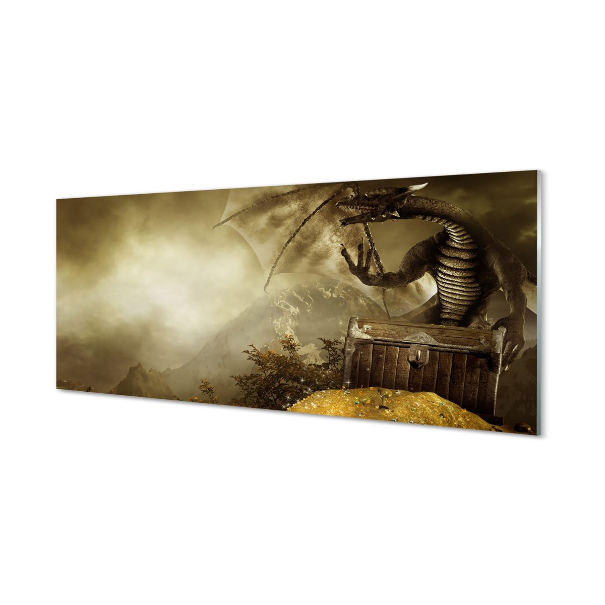 Panel szklany + klej Smok góry chmury złoto 125x50 cm
