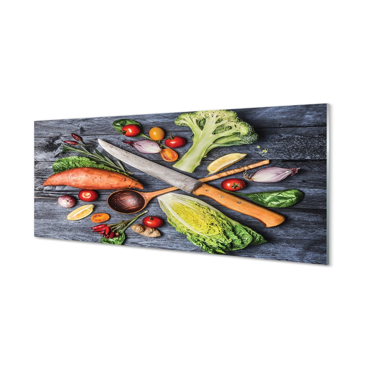 Szklana płyta Nóż bataty szpinak pomidorki 125x50 cm