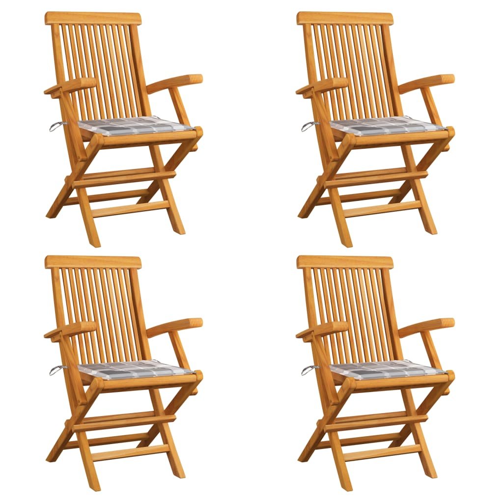 vidaXL Krzesła ogrodowe z poduszkami w szarą kratę, 4 szt., tekowe! 3065631