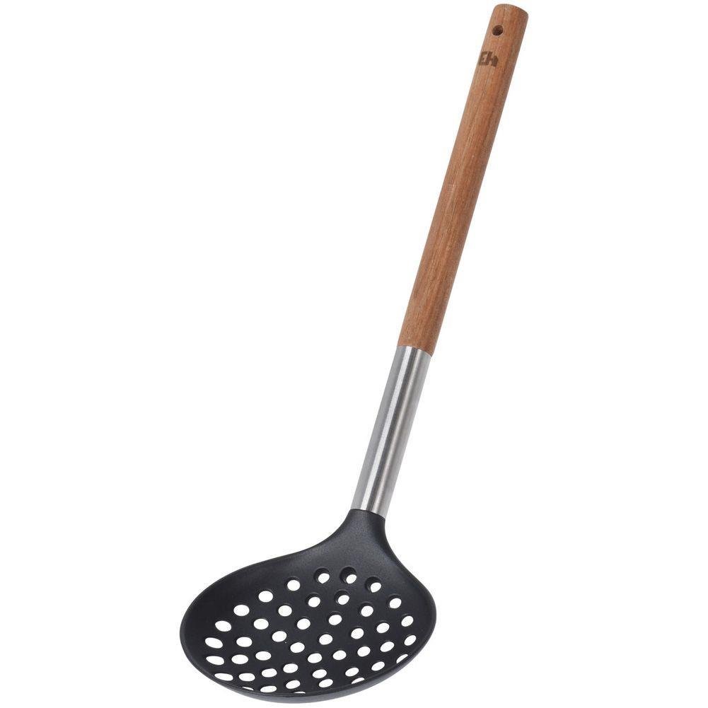 Excellent Houseware Łyżka cedzakowa SZUMÓWKA czarna z drewnianą rączką do nakładania odcedzania 35 cm 140440