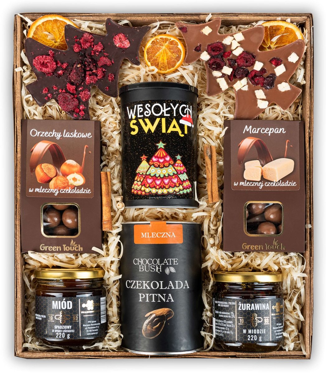 Świąteczny duży kosz prezentowy z produktami gourmet, zestaw herbata świąteczna, czekolady i słodycze