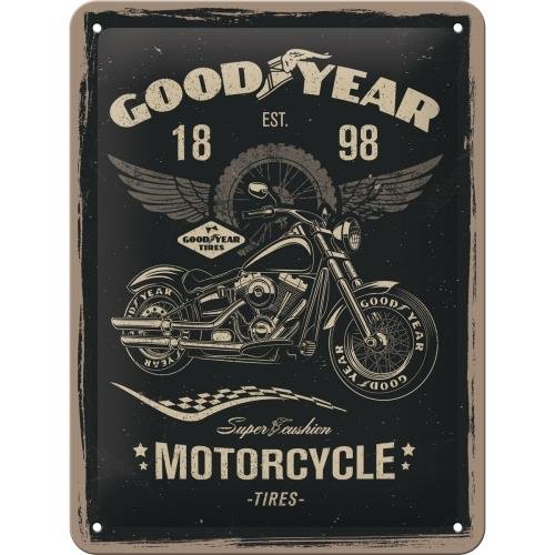 Art Nostalgic 26224 Goodyear Motorcycle | retro tabliczka blaszana tabliczka | Vintage-|-dekoracja ścienna | metalowe | 15 x 20 cm 26224