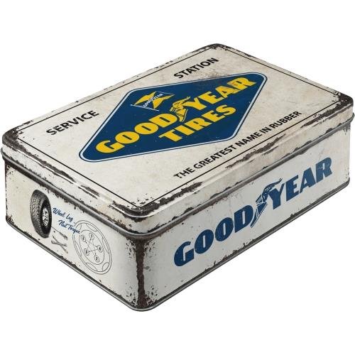 Nostalgic-Art 30745 Goodyear  logo White | puszka na zapasy płaska | na ciastka Puszka | do przechowywania-Box | metall| z pokrywką na zawiasach