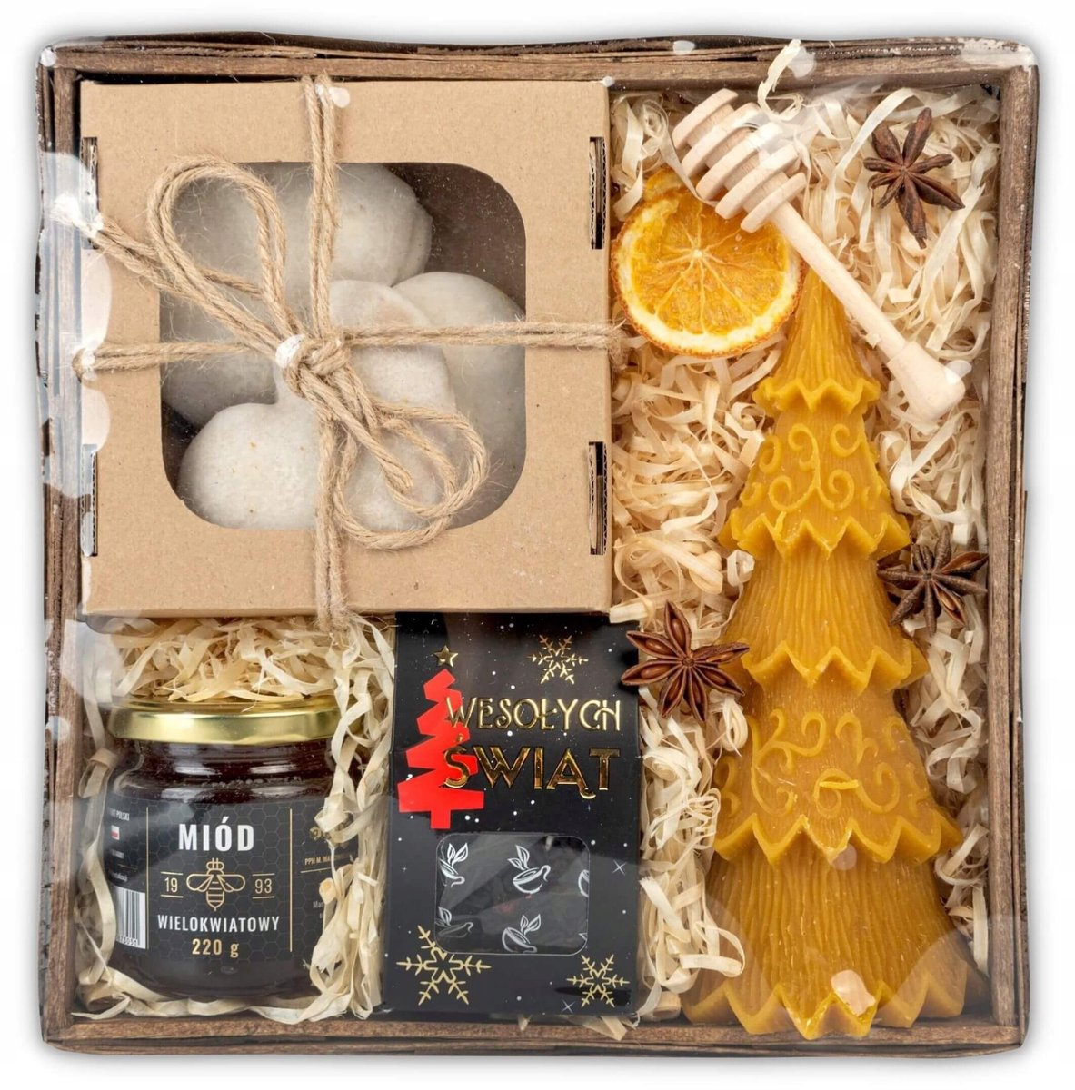 Świąteczny kosz prezentowy z choinką z wosku pszczelego, naturalne pierniki, herbata świąteczna i miód