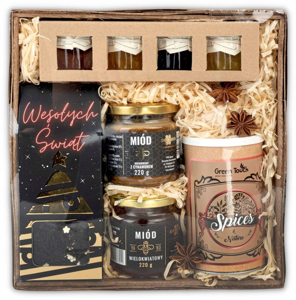 Świąteczny kosz prezentowy z konfitrkami, miodami, herbata świąteczna i mieszanka do grzańca