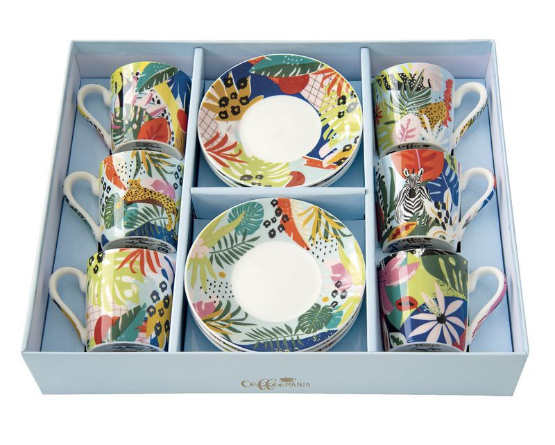 Tropical Vibes Komplet 6 filiżanek do espresso z talerzykami.
