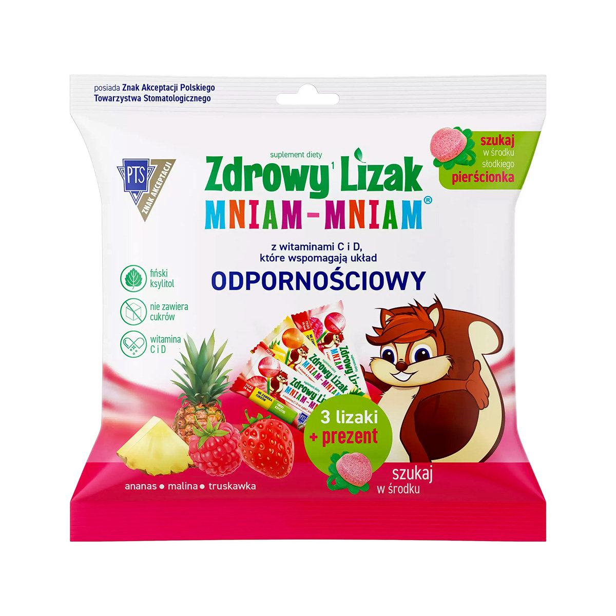 Starpharma Zdrowy lizak Mniam-Mniam z witaminą C i D o smaku ananasowym, malinowym i truskawkowym 3 sztuki + prezent 3738721