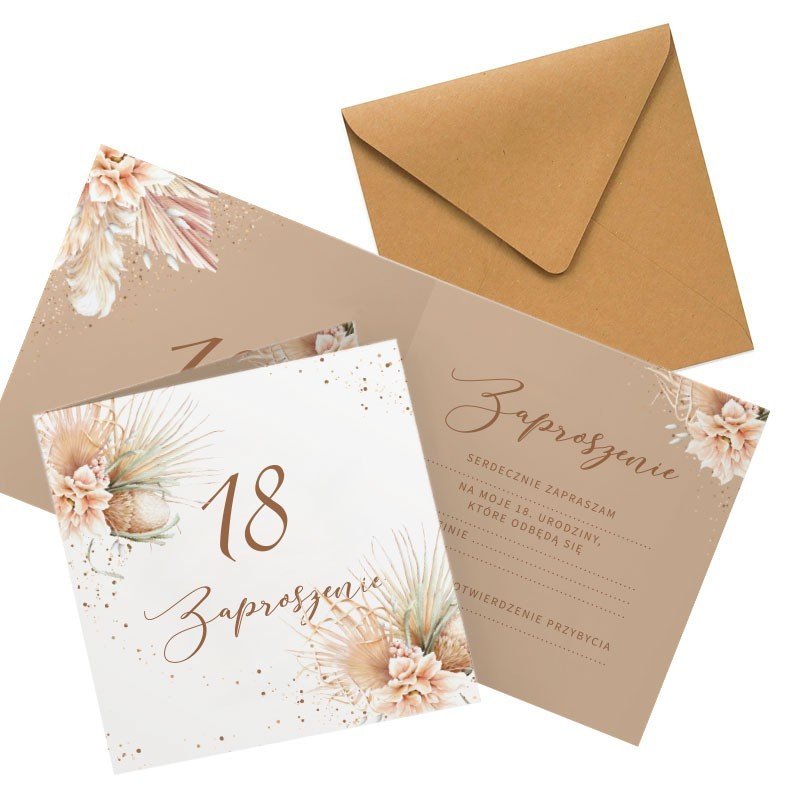 ZAPROSZENIA na 18 urodziny Pampas Boho 10szt (+koperty kraft)