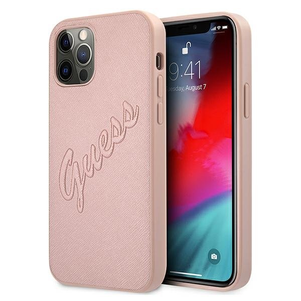 Guess Saffiano Vintage Script etui na iPhone 12 / 12 PRO różowe GUE001230