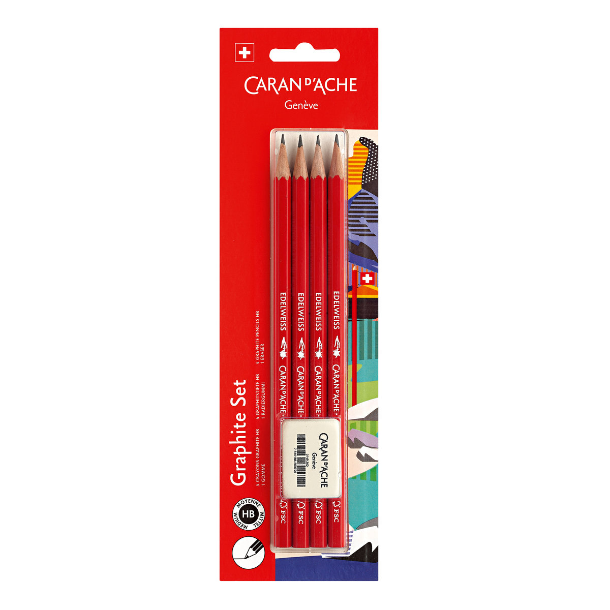 Szkolny zestaw Caran d’Ache na blistrze – 4 ołówki Edelweiss HB + gumka