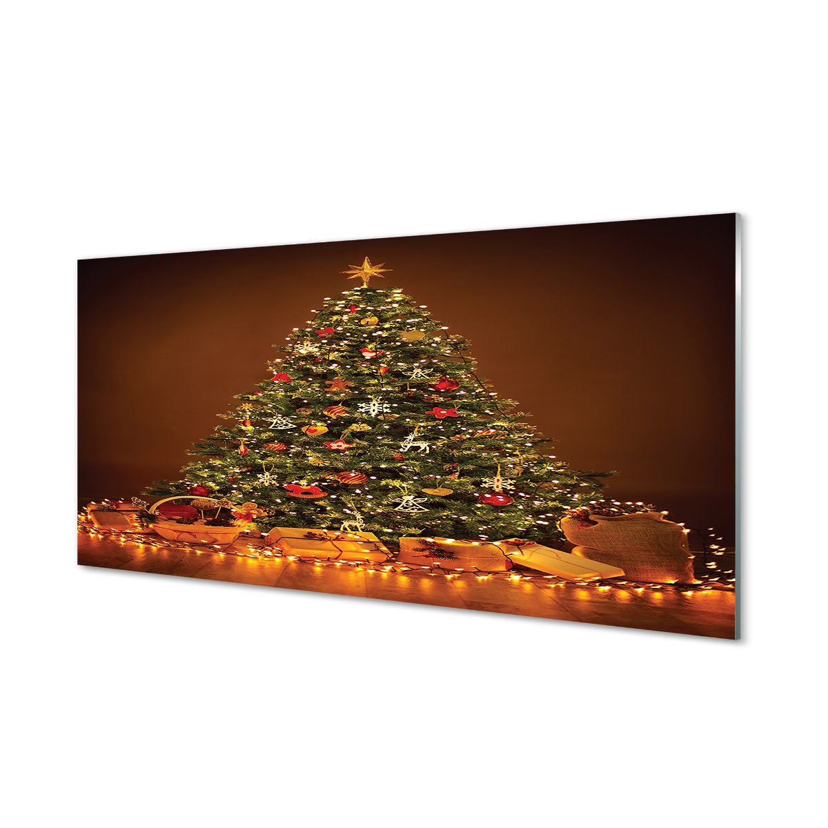 Szklany panel Choinka prezenty lampki 120x60 cm