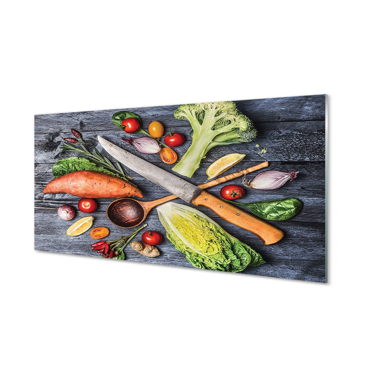 Szklana płyta Nóż bataty szpinak pomidorki 120x60