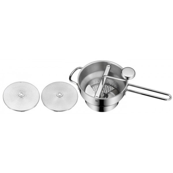 WMF młynek do przecierania  19 cm ze stali szlachetnej Cromargan nierdzewne rozkładanymi 3 różnych wkładki można myć w zmywarce Opakowanie na prezent 605636040