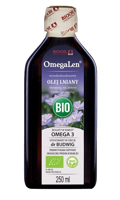 BIOOIL (oleje i oliwy) OLEJ LNIANY TŁOCZONY NA ZIMNO NIERAFINOWANY WYSOKOLINOLENOWY BIO 250 ml - OMEGALEN BP-5907722370068