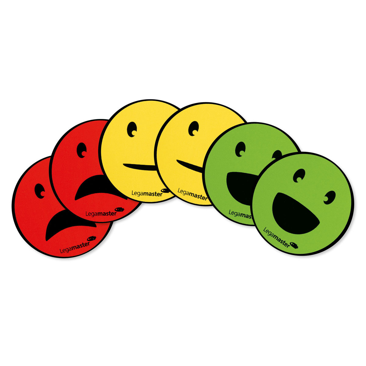 Magnesy okrągłe - buźki: neutralna, usmiechnięta, smutna Średnica: 50 mm, Kolor: żółty, zielony, czerwony, Marka: LEGAMASTER, Ilość w opakowaniu: 6 ..