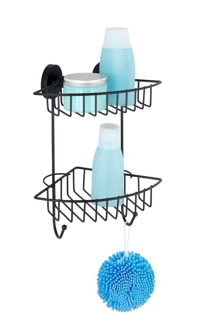 Czarna narożna dwupoziomowa półka łazienkowa Wenko Vacuum-Loc® Bari, wys. 29,5 cm