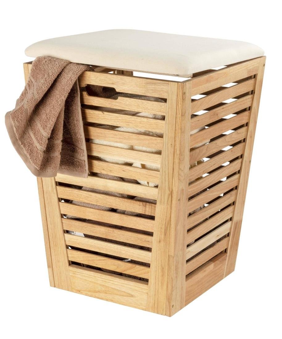 Wenko Kosz na pranie z siedziskiem z materiału imitującego len ACINA drewno akacjowe 55 litrów kolor naturalny 24839100