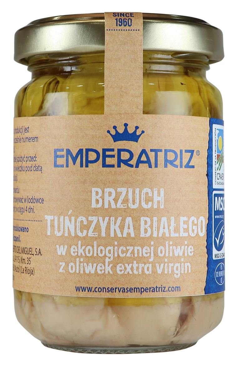 EMPERATRIZ Tuńczyk biały filety brzuszne (ventresca) w BIO oliwie z oliwek extra virgin BIO 145 g (95 g) (słoik)