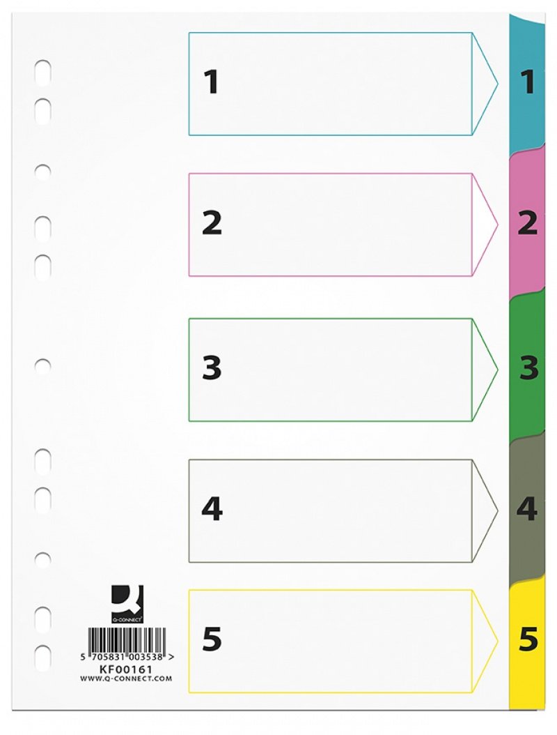 Q-CONNECT Przekładki Mylar, karton, A4, 225x297mm, 1-5, 5 kart, lam. indeks, mix kolorów KF00161