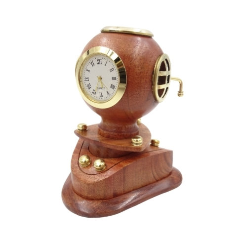 Zegar z kompasem KEMIS Hełm nurka, brązowy, 10,5x11x16 cm