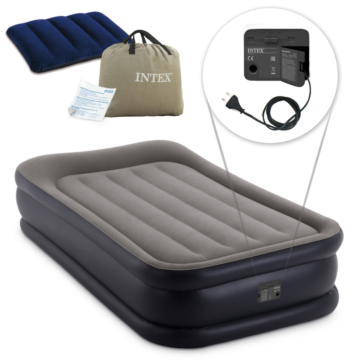 Intex Materac dmuchany z wbudowaną pompką elektryczną jednoosobowy INTEX 64132-68672 64132-68672