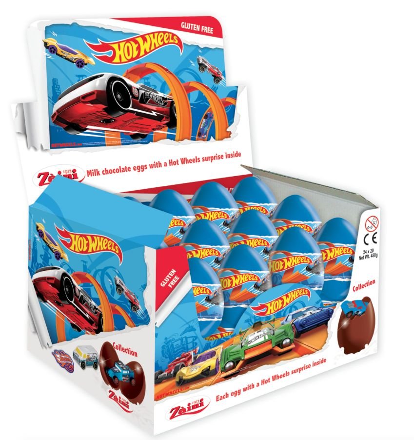 Zaini, czekoladowe jajka z niespodzianką Hot Wheels, 24 sztuki