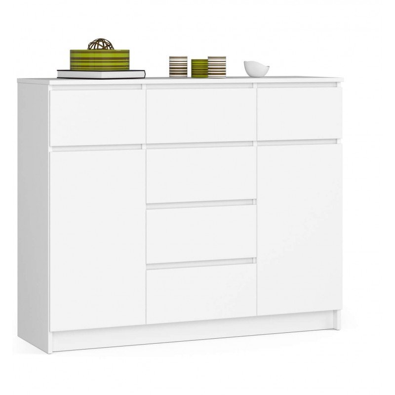 Komoda do salonu 120 cm K017 - Biała - 2 drzwi 6 szuflad