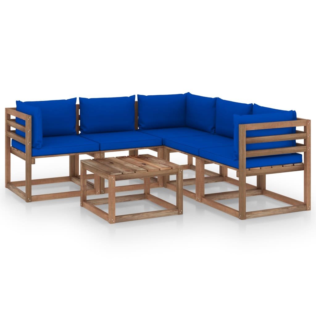 vidaXL 6-cz. zestaw wypoczynkowy do ogrodu, niebieskie poduszki, sosna