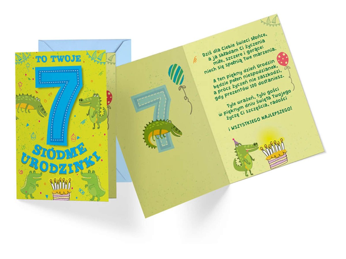 Kartka urodzinowa z kopertą na siódme urodziny Krokodyl - 1 szt.