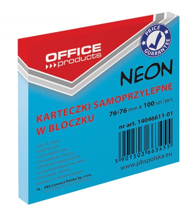 Office products Karteczki samop. 76x76 neon nieb.
