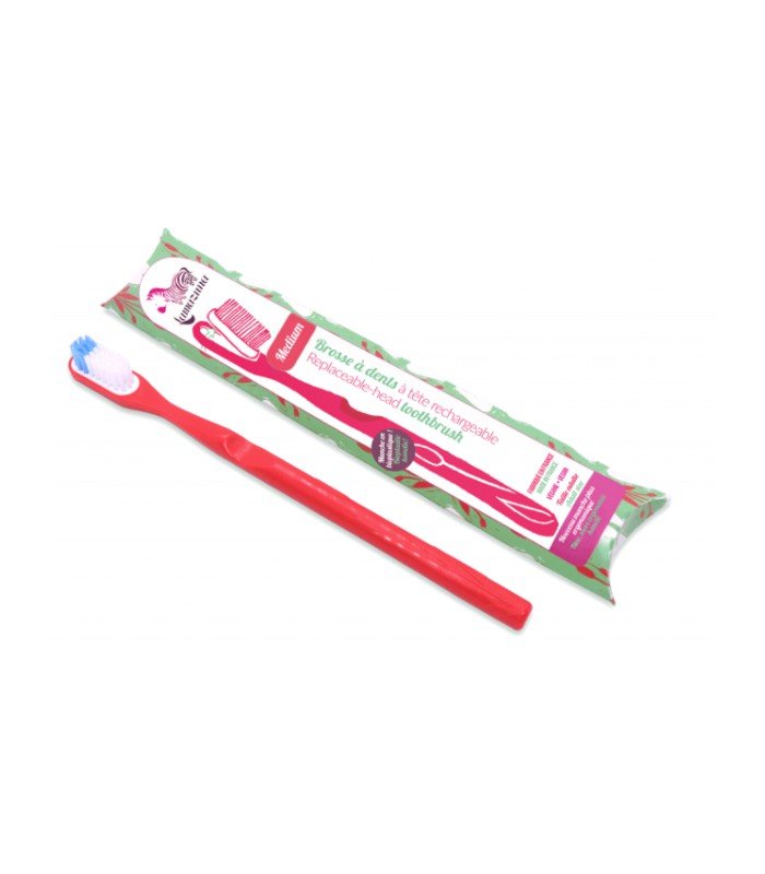 Szczoteczka do zębów z bioplastiku, raspberry red, włosie średnie, Lamazuna