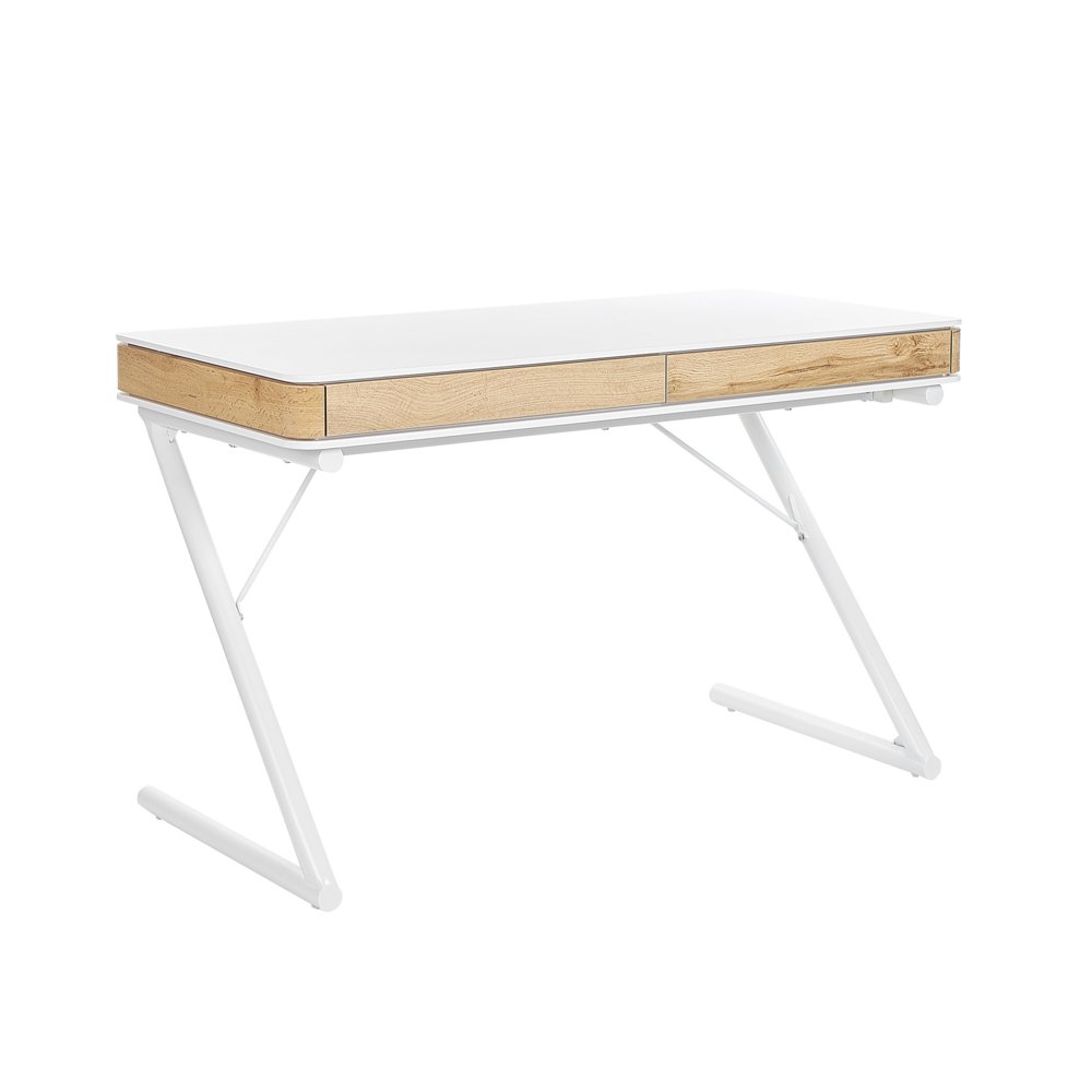 Фото - Офісний стіл Beliani Biurko z szufladami 120 x 60 cm białe z jasnym drewnem FONTANA 