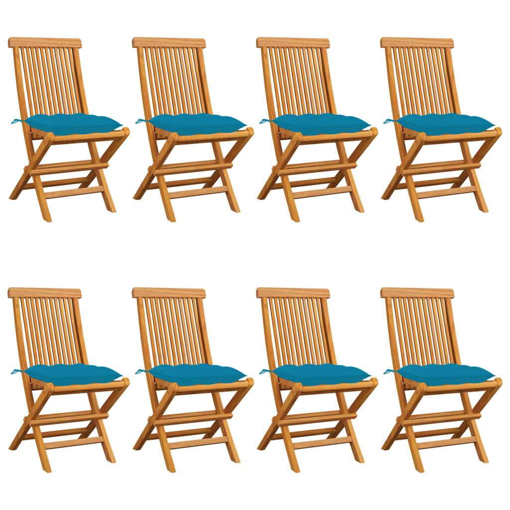 vidaXL Lumarko Krzesła ogrodowe z niebieskimi poduszkami, 8 szt., tekowe! 3072936