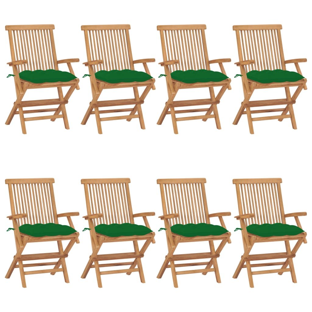 vidaXL Lumarko Krzesła ogrodowe z zielonymi poduszkami, 8 szt., drewno tekowe! 3072909
