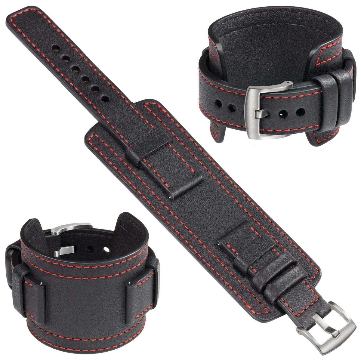 moVear Cw1 22mm Szeroki skórzany pasek do zegarka / smartwatcha | Czarny z czerwonym przeszyciem, rozmiar M/L