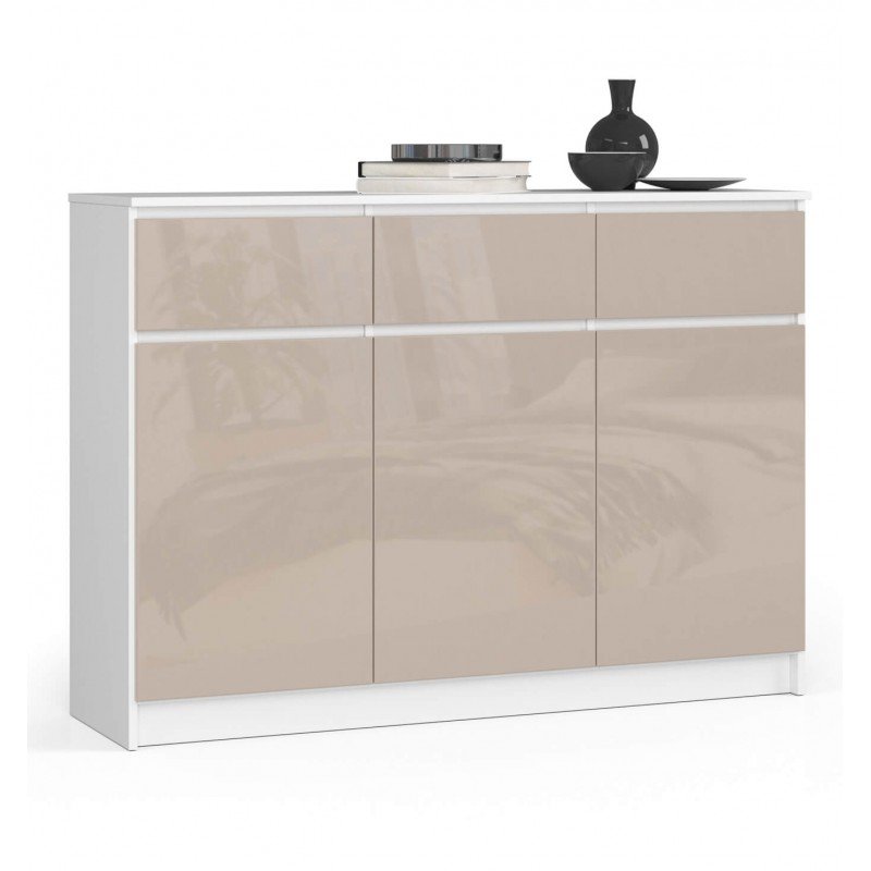 Komoda do salonu K 140 cm 3 drzwi 3 szuflady - biała-cappuccino połysk