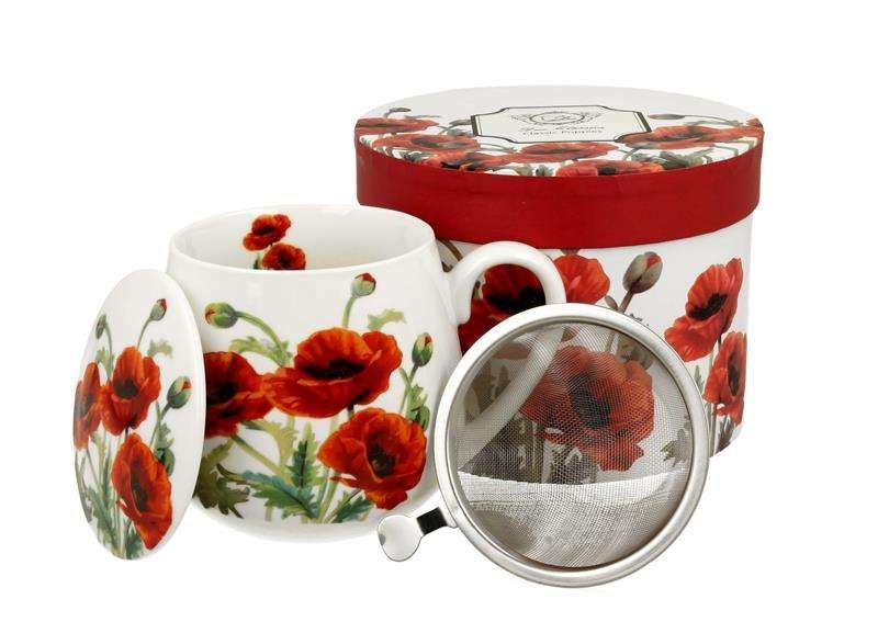 Kubek z zaparzaczem i pokrywką porcelanowy, baryłka DUO CLASSIC POPPIES 430 ml