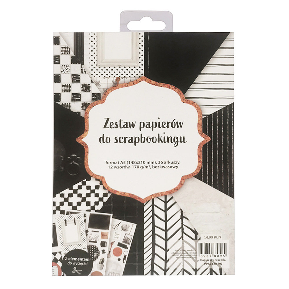 Zestaw papierów A5 do scrapbookingu, czarno-biały