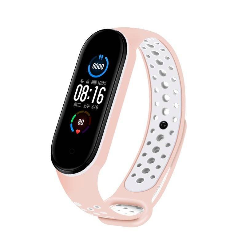 Hurtel Zamienna silikonowa opaska pasek do Xiaomi Mi Band 5 Dots różowo-biały