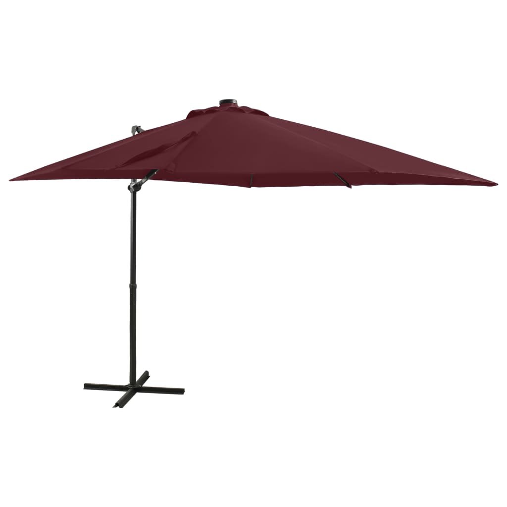 vidaXL Parasol wiszący ze słupkiem i oświetleniem LED, bordowy, 250 cm 312326