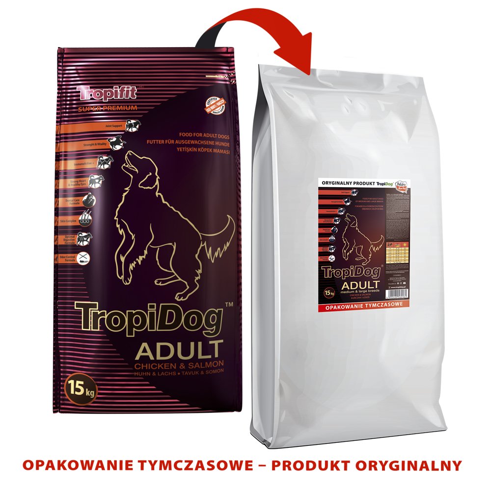 Zdjęcia - Karm dla psów Tropidog SUPER PREMIUM ADULT MEDIUM & LARGE BREED CHICKEN & SALMON 15kg + 