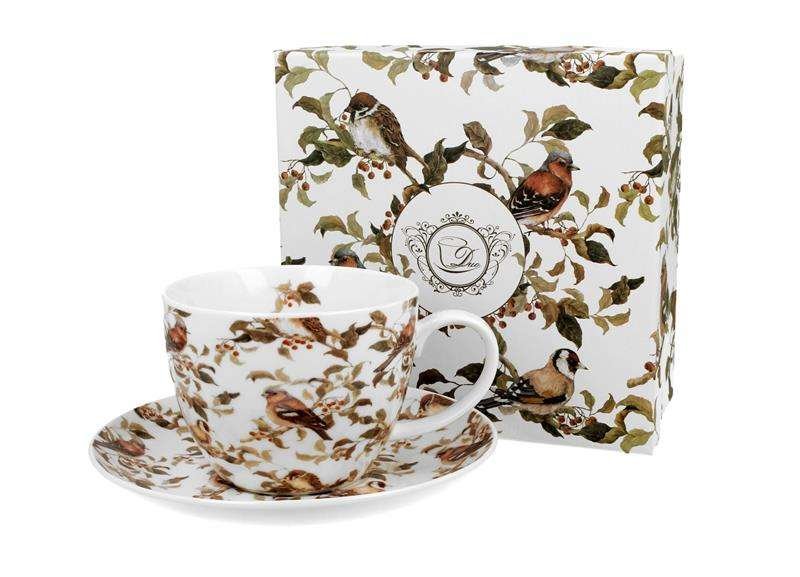 Filiżanka do kawy i herbaty porcelanowa ze spodkiem DUO PTASZKI 470 ml