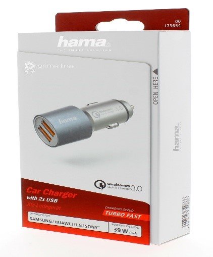 Hama Qualcomm Quick Charge  3.0 Car Charger, 2 X USB, metal (1 Accessories) 00173654