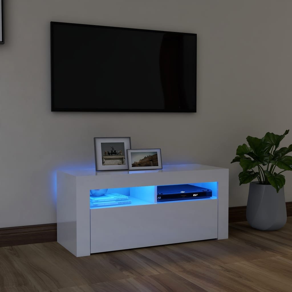 Szafka TV z oświetleniem LED, wysoki połysk, biała, 90x35x40 cm