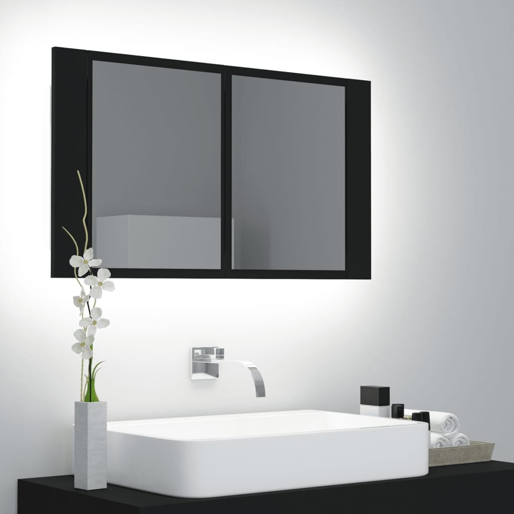 Szafka łazienkowa z lustrem i LED, czarna, 80x12x45 cm