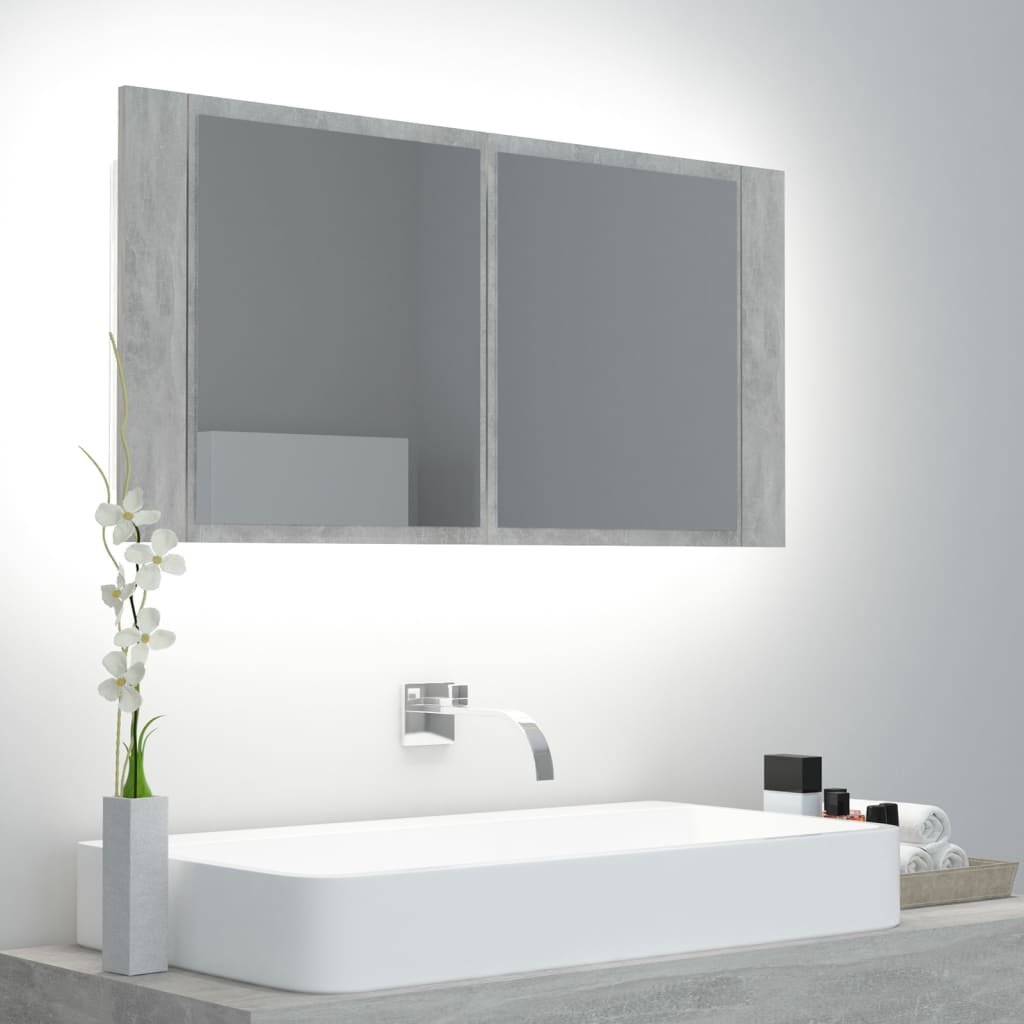 Szafka łazienkowa z lustrem i LED, szarość betonu, 90x12x45 cm