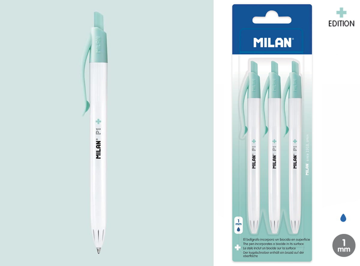 MILAN Długopis Milan P1 ANTIBACTERIAL niebieski 3 sztuki na blistrze