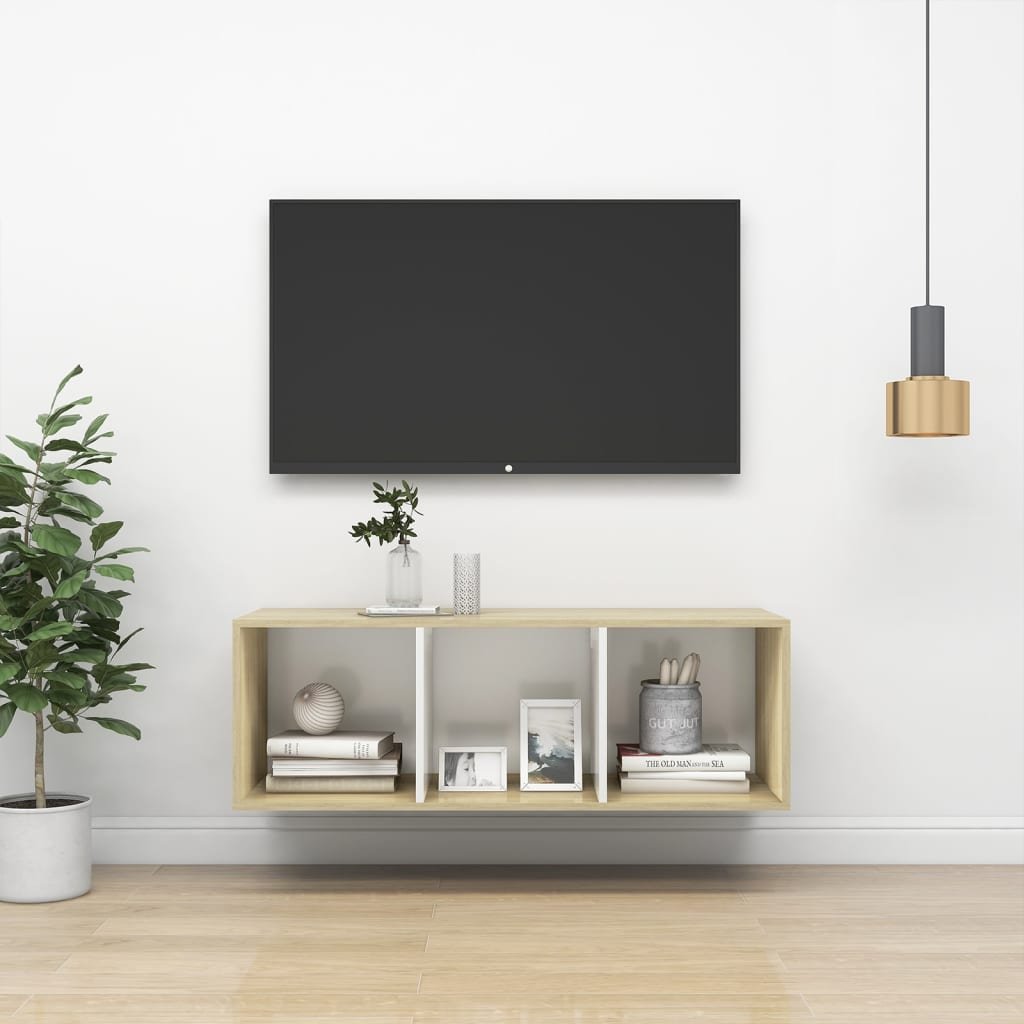 vidaXL Wisząca szafka pod TV, dąb sonoma i biel, 37x37x107 cm, płyta