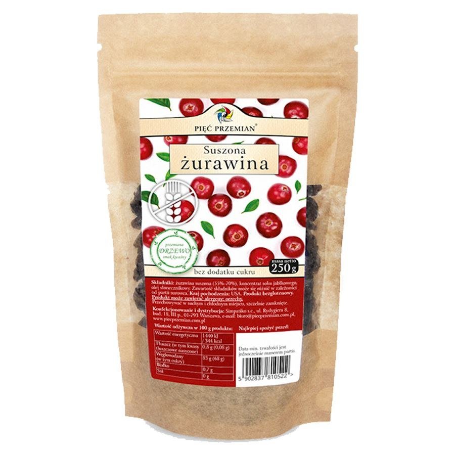 Pięć Przemian (SIMPATIKO) Żurawina suszona słodzona sokiem jabłkowym bez cukru bezglutenowa 250g 11SIMZURA2